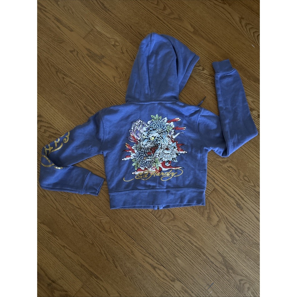 Ed Hardy Full Zip Cropped Hoodie Periwinkle Blue Small